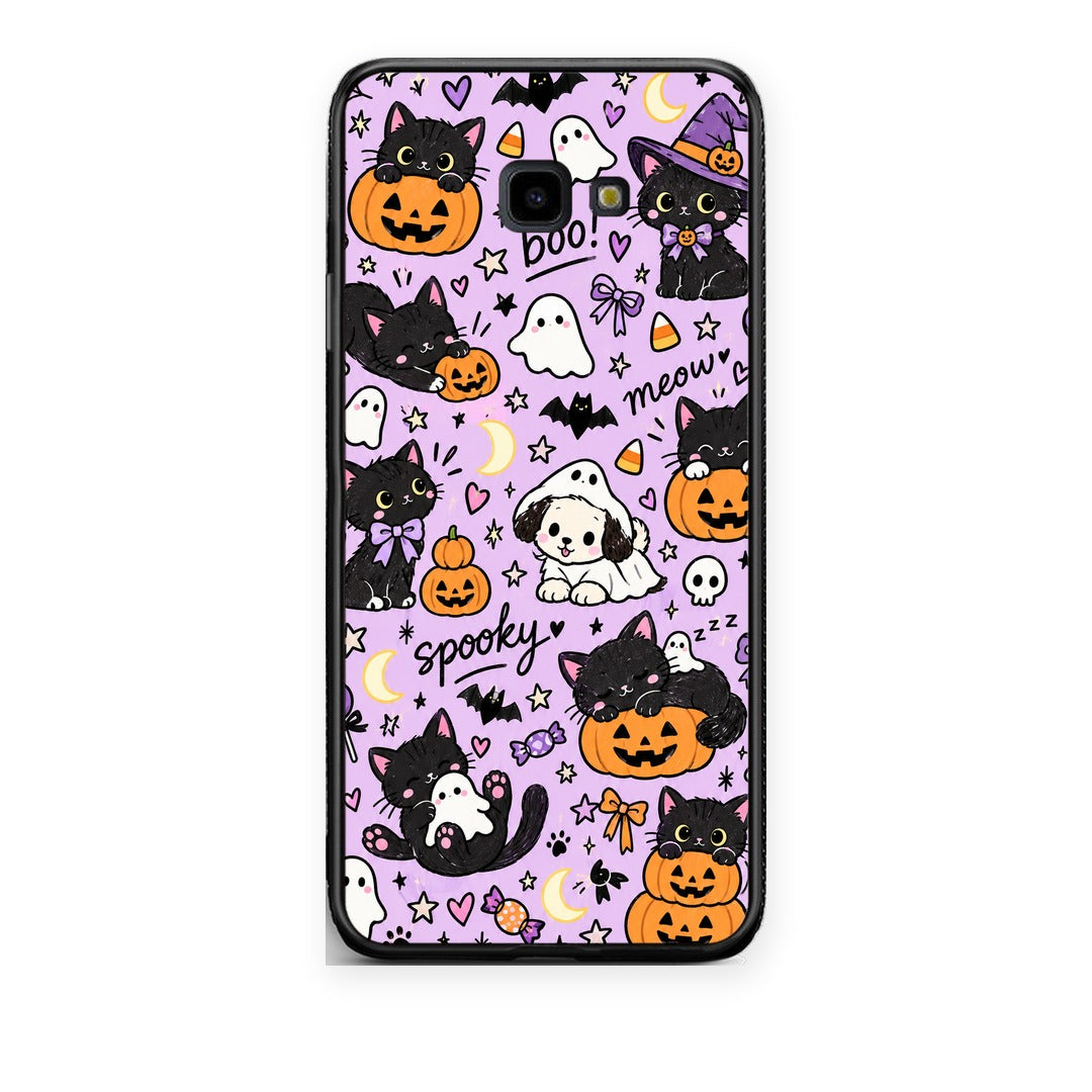 Θήκη Samsung Galaxy J4+ Halloween Black Cats on Lilac από τη Smartfits με σχέδιο στο πίσω μέρος και μαύρο περίβλημα | Samsung Galaxy J4+ Halloween Black Cats on Lilac case with colorful back and black bezels