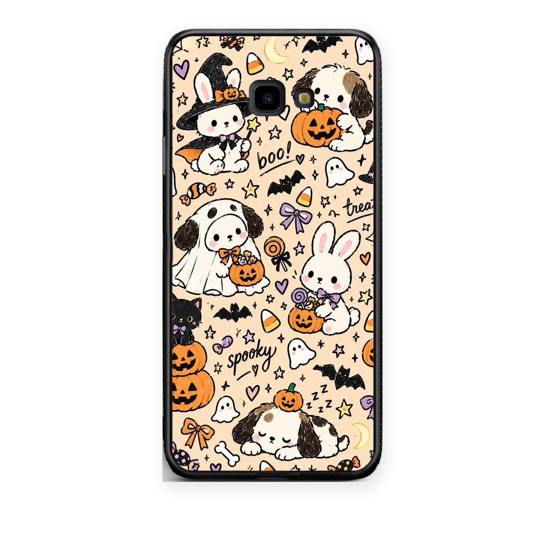 Θήκη Samsung Galaxy J4+ Halloween Puppies and Friends on Cream από τη Smartfits με σχέδιο στο πίσω μέρος και μαύρο περίβλημα | Samsung Galaxy J4+ Halloween Puppies and Friends on Cream case with colorful back and black bezels