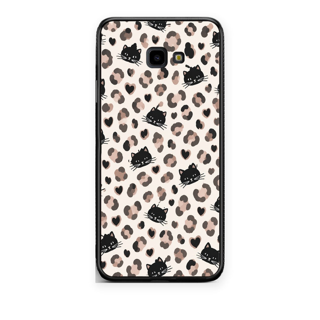 Θήκη Samsung Galaxy J4+ Leopard Spots and Black Cats on Cream από τη Smartfits με σχέδιο στο πίσω μέρος και μαύρο περίβλημα | Samsung Galaxy J4+ Leopard Spots and Black Cats on Cream case with colorful back and black bezels