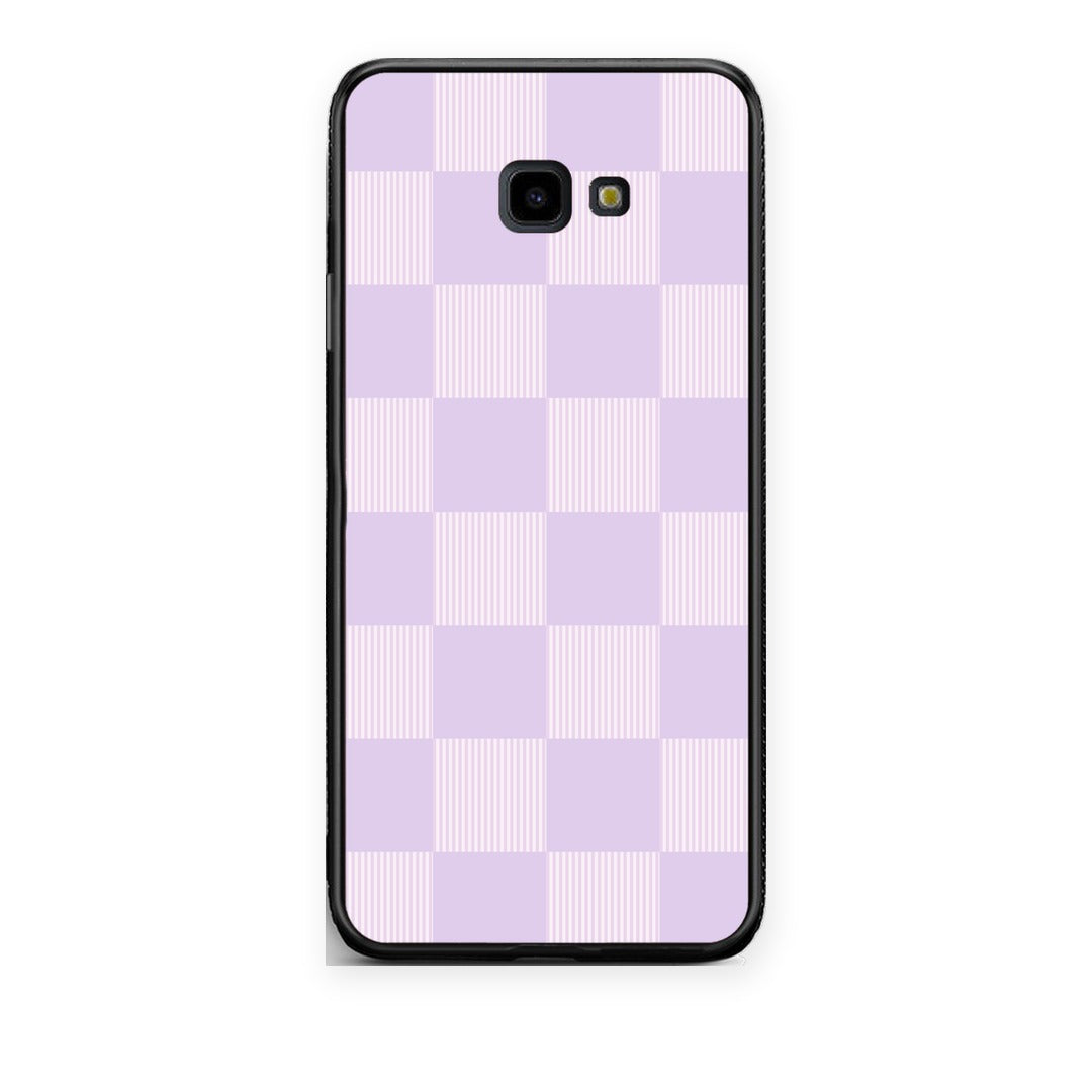 Θήκη Samsung Galaxy J4+ Lilac and Cream Striped Checks από τη Smartfits με σχέδιο στο πίσω μέρος και μαύρο περίβλημα | Samsung Galaxy J4+ Lilac and Cream Striped Checks case with colorful back and black bezels
