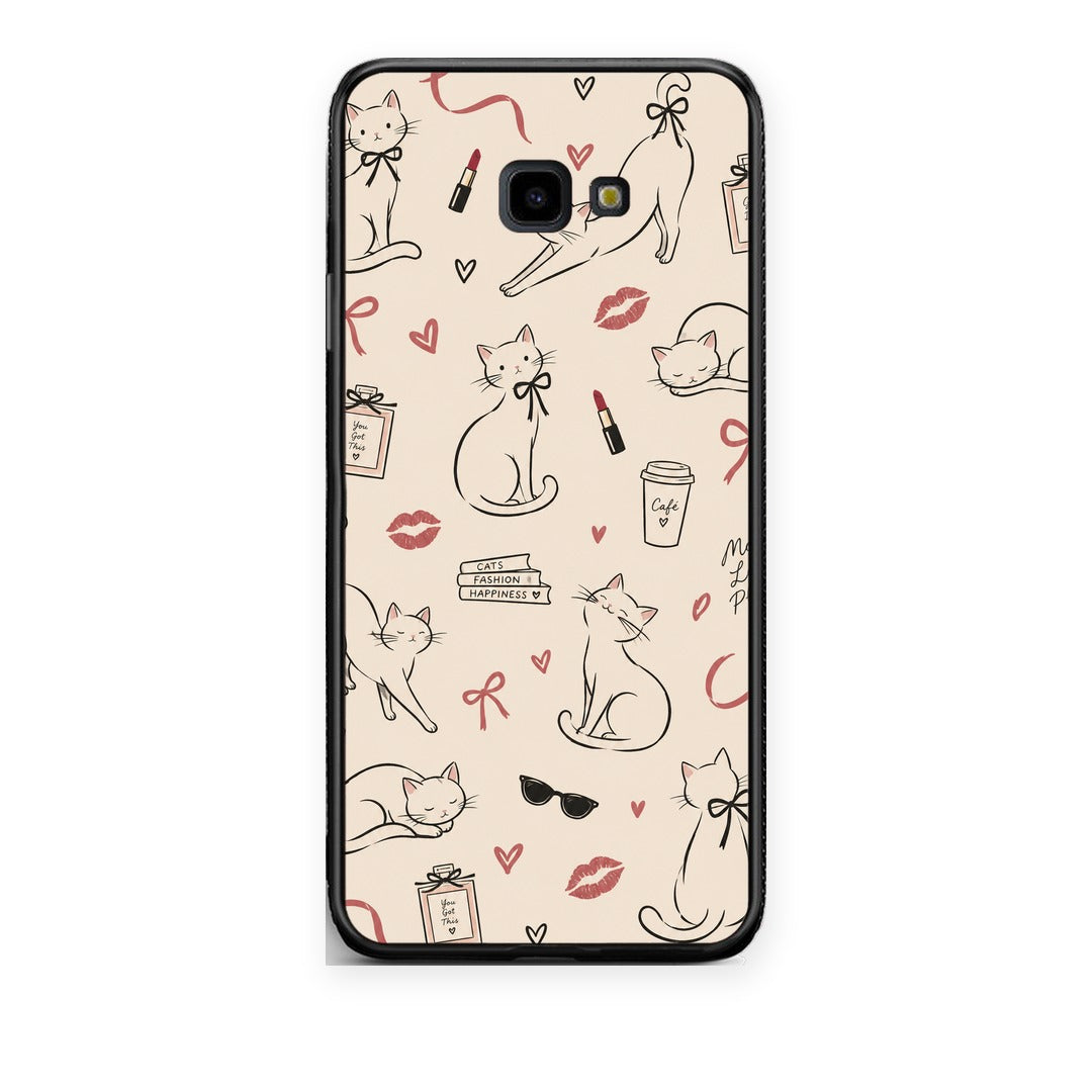 Θήκη Samsung Galaxy J4+ Minimal Cat and Fashion Doodles on Cream από τη Smartfits με σχέδιο στο πίσω μέρος και μαύρο περίβλημα | Samsung Galaxy J4+ Minimal Cat and Fashion Doodles on Cream case with colorful back and black bezels