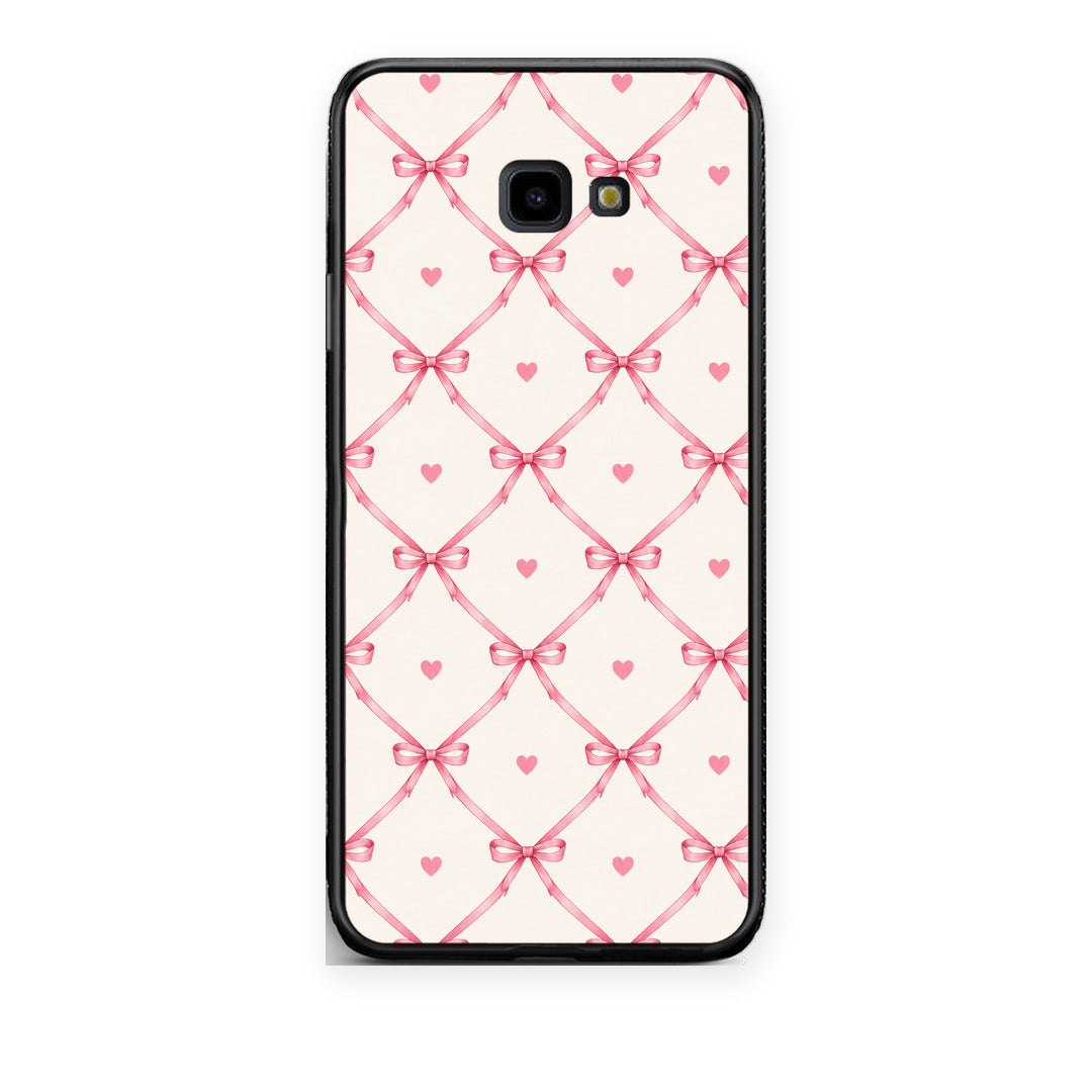 Θήκη Samsung Galaxy J4+ Pink Bow Lattice and Hearts on Cream από τη Smartfits με σχέδιο στο πίσω μέρος και μαύρο περίβλημα | Samsung Galaxy J4+ Pink Bow Lattice and Hearts on Cream case with colorful back and black bezels