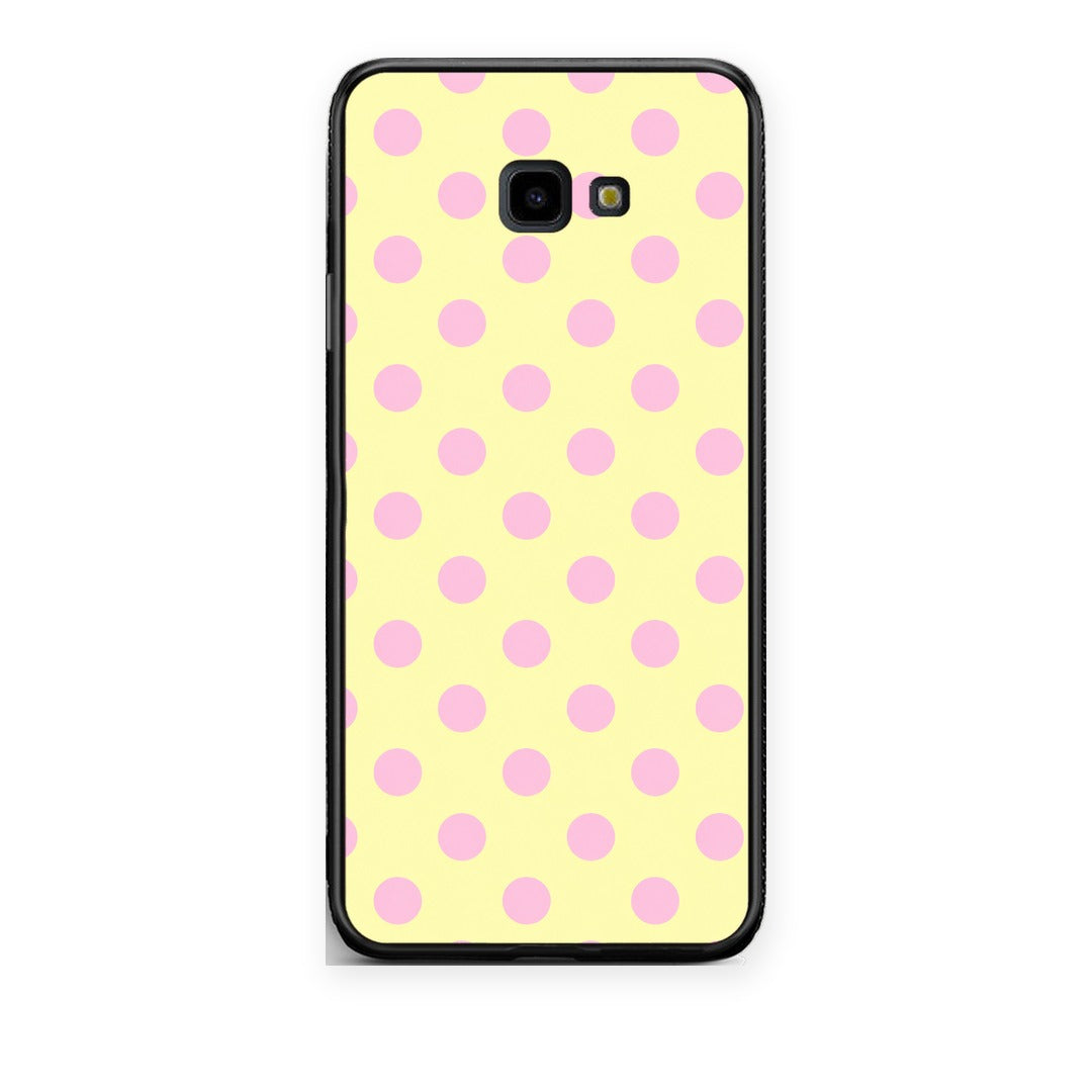 Θήκη Samsung Galaxy J4+ Pink Polka Dots on Yellow από τη Smartfits με σχέδιο στο πίσω μέρος και μαύρο περίβλημα | Samsung Galaxy J4+ Pink Polka Dots on Yellow case with colorful back and black bezels