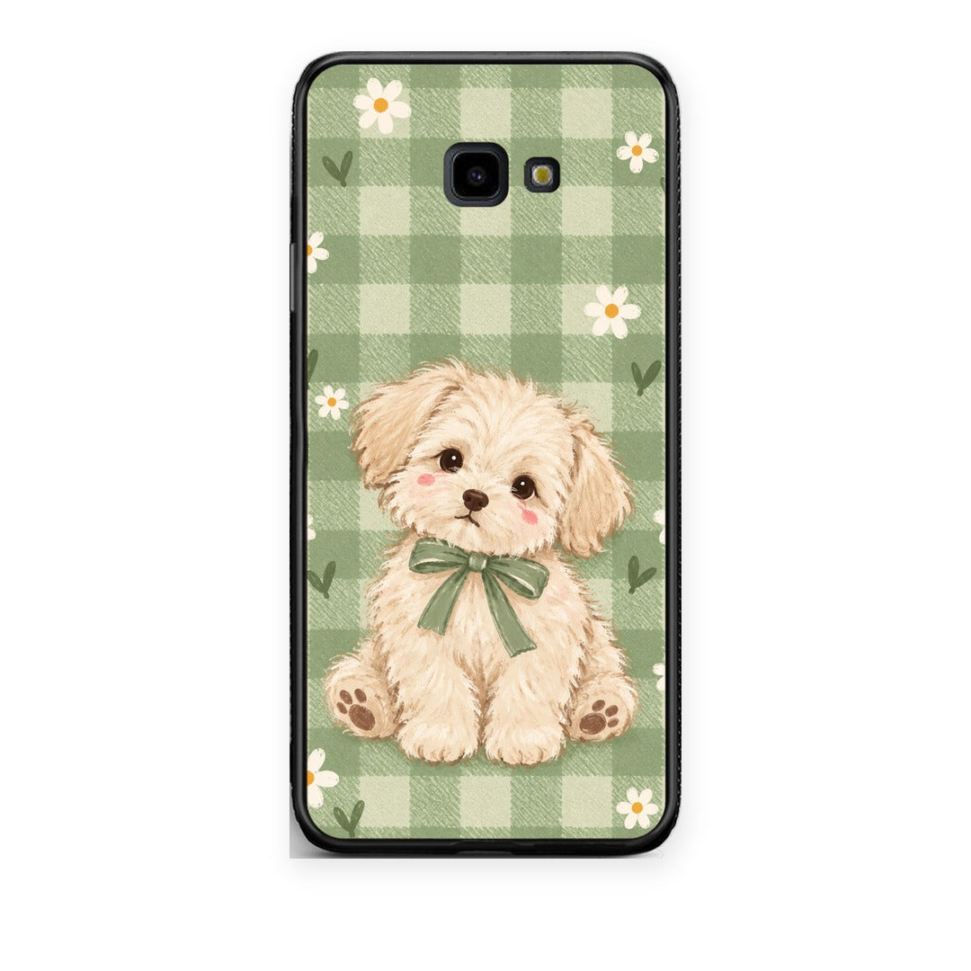 Θήκη Samsung Galaxy J4+ Puppy and Daisies on Sage Gingham από τη Smartfits με σχέδιο στο πίσω μέρος και μαύρο περίβλημα | Samsung Galaxy J4+ Puppy and Daisies on Sage Gingham case with colorful back and black bezels