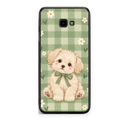 Θήκη Samsung Galaxy J4+ Puppy and Daisies on Sage Gingham από τη Smartfits με σχέδιο στο πίσω μέρος και μαύρο περίβλημα | Samsung Galaxy J4+ Puppy and Daisies on Sage Gingham case with colorful back and black bezels