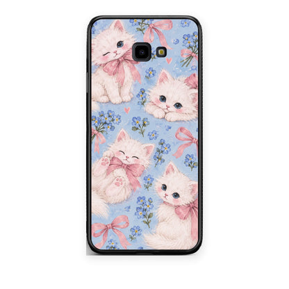 Θήκη Samsung Galaxy J4+ White Kittens and Blue Flowers Large από τη Smartfits με σχέδιο στο πίσω μέρος και μαύρο περίβλημα | Samsung Galaxy J4+ White Kittens and Blue Flowers Large case with colorful back and black bezels