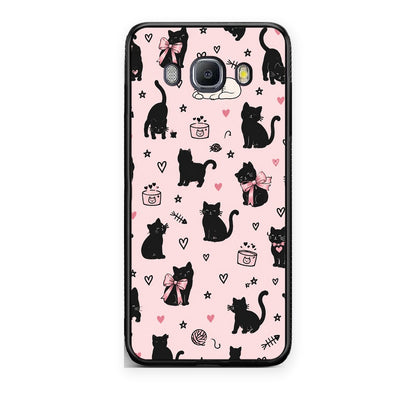 Θήκη Samsung Galaxy J7 2016 Black Cat Doodles on Pink από τη Smartfits με σχέδιο στο πίσω μέρος και μαύρο περίβλημα | Samsung Galaxy J7 2016 Black Cat Doodles on Pink case with colorful back and black bezels