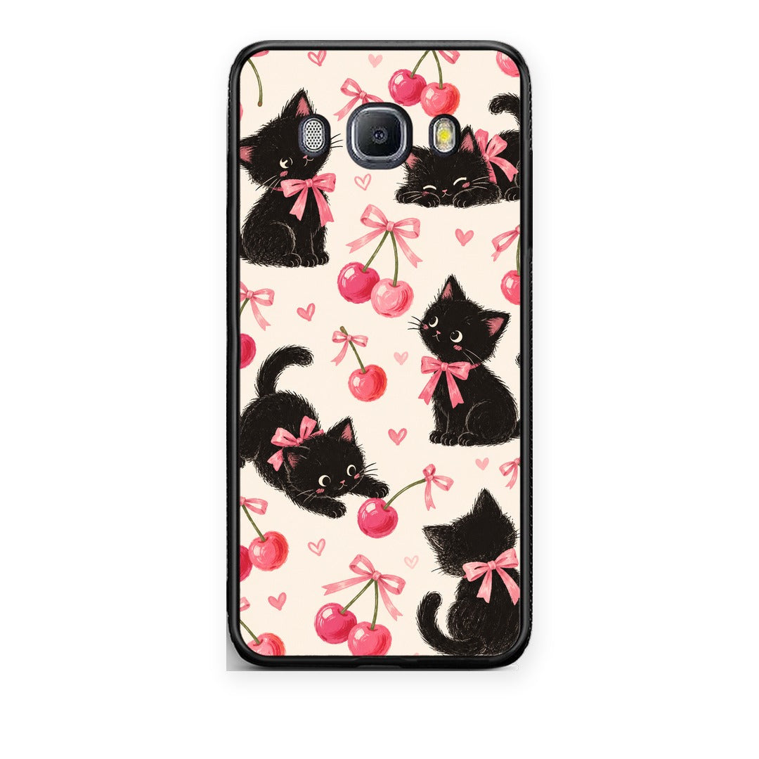 Θήκη Samsung Galaxy J7 2016 Black Kittens and Cherries on Cream από τη Smartfits με σχέδιο στο πίσω μέρος και μαύρο περίβλημα | Samsung Galaxy J7 2016 Black Kittens and Cherries on Cream case with colorful back and black bezels