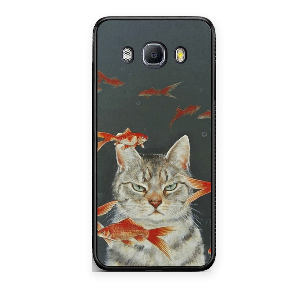 Θήκη Samsung Galaxy J7 2016 Cat Goldfish από τη Smartfits με σχέδιο στο πίσω μέρος και μαύρο περίβλημα | Samsung Galaxy J7 2016 Cat Goldfish case with colorful back and black bezels