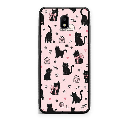 Θήκη Samsung Galaxy J7 2017 Black Cat Doodles on Pink από τη Smartfits με σχέδιο στο πίσω μέρος και μαύρο περίβλημα | Samsung Galaxy J7 2017 Black Cat Doodles on Pink case with colorful back and black bezels