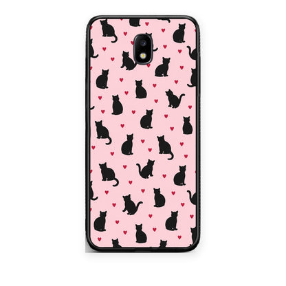 Θήκη Samsung Galaxy J7 2017 Black Cat Silhouettes and Hearts on Pink από τη Smartfits με σχέδιο στο πίσω μέρος και μαύρο περίβλημα | Samsung Galaxy J7 2017 Black Cat Silhouettes and Hearts on Pink case with colorful back and black bezels