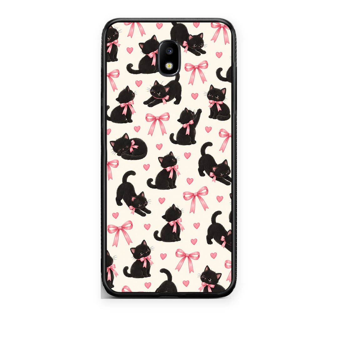 Θήκη Samsung Galaxy J7 2017 Black Kittens and Pink Bows on Cream Small από τη Smartfits με σχέδιο στο πίσω μέρος και μαύρο περίβλημα | Samsung Galaxy J7 2017 Black Kittens and Pink Bows on Cream Small case with colorful back and black bezels
