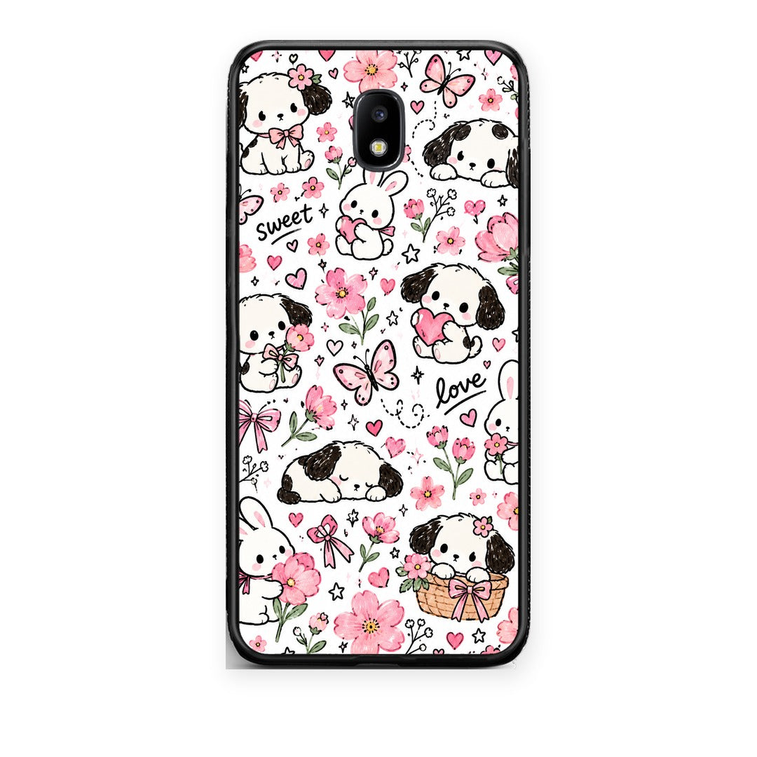 Θήκη Samsung Galaxy J7 2017 Pink Florals Puppies and Bunnies on White από τη Smartfits με σχέδιο στο πίσω μέρος και μαύρο περίβλημα | Samsung Galaxy J7 2017 Pink Florals Puppies and Bunnies on White case with colorful back and black bezels