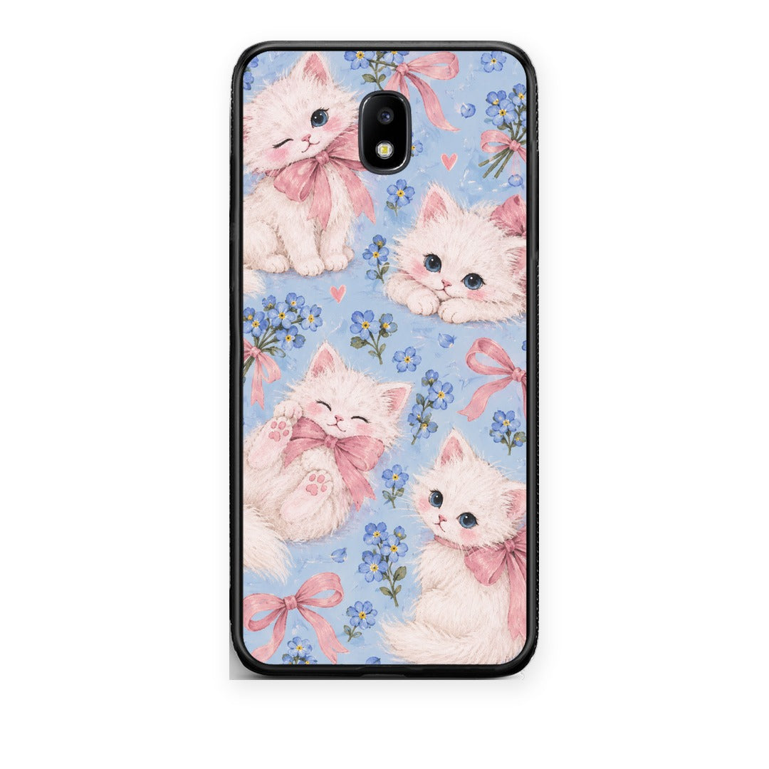 Θήκη Samsung Galaxy J7 2017 White Kittens and Blue Flowers Large από τη Smartfits με σχέδιο στο πίσω μέρος και μαύρο περίβλημα | Samsung Galaxy J7 2017 White Kittens and Blue Flowers Large case with colorful back and black bezels