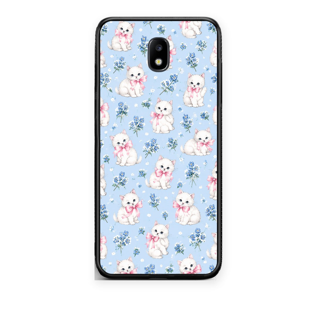 Θήκη Samsung Galaxy J7 2017 White Kittens and Blue Flowers Small από τη Smartfits με σχέδιο στο πίσω μέρος και μαύρο περίβλημα | Samsung Galaxy J7 2017 White Kittens and Blue Flowers Small case with colorful back and black bezels