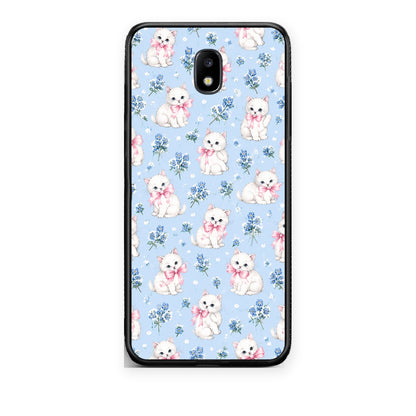 Θήκη Samsung Galaxy J7 2017 White Kittens and Blue Flowers Small από τη Smartfits με σχέδιο στο πίσω μέρος και μαύρο περίβλημα | Samsung Galaxy J7 2017 White Kittens and Blue Flowers Small case with colorful back and black bezels