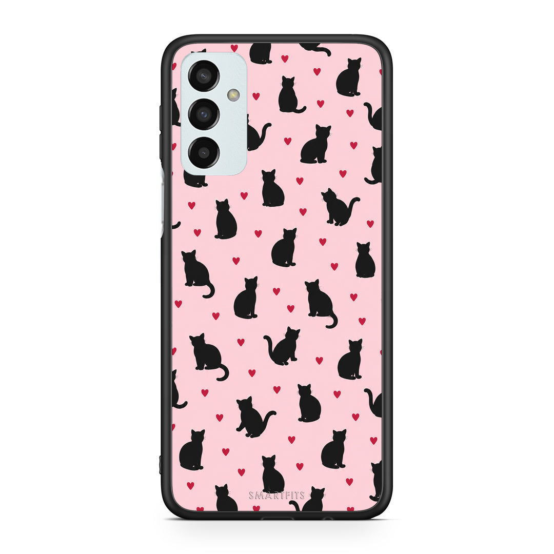 Θήκη Samsung Galaxy M13 Black Cat Silhouettes and Hearts on Pink από τη Smartfits με σχέδιο στο πίσω μέρος και μαύρο περίβλημα | Samsung Galaxy M13 Black Cat Silhouettes and Hearts on Pink case with colorful back and black bezels