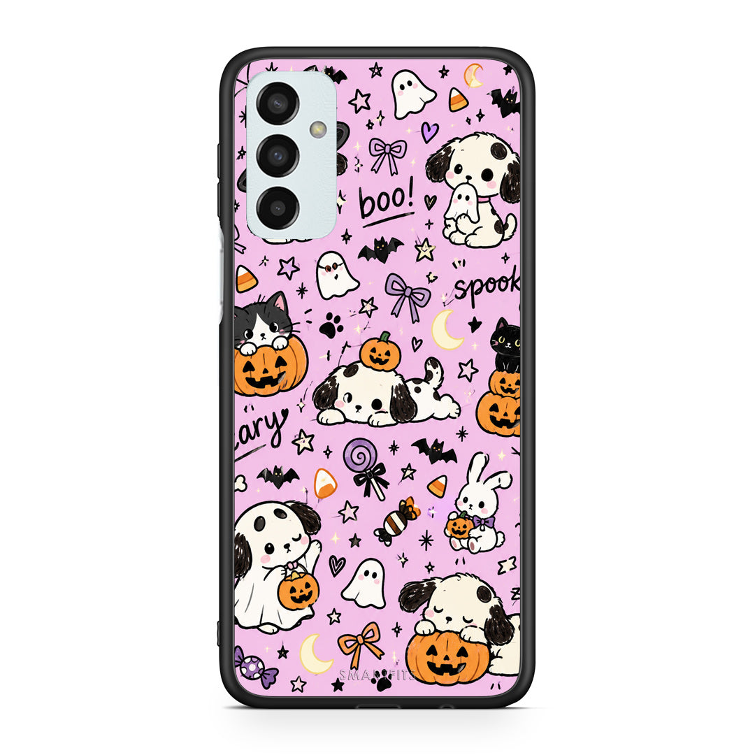 Θήκη Samsung Galaxy M13 Halloween Puppies and Friends on Lilac από τη Smartfits με σχέδιο στο πίσω μέρος και μαύρο περίβλημα | Samsung Galaxy M13 Halloween Puppies and Friends on Lilac case with colorful back and black bezels