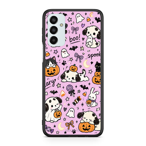 Θήκη Samsung Galaxy M13 Halloween Puppies and Friends on Lilac από τη Smartfits με σχέδιο στο πίσω μέρος και μαύρο περίβλημα | Samsung Galaxy M13 Halloween Puppies and Friends on Lilac case with colorful back and black bezels