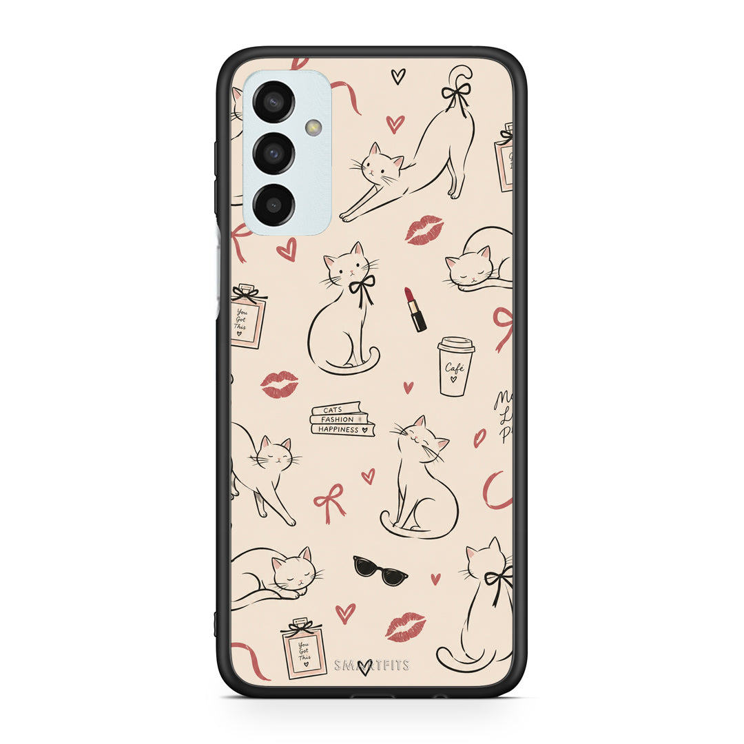Θήκη Samsung Galaxy M13 Minimal Cat and Fashion Doodles on Cream από τη Smartfits με σχέδιο στο πίσω μέρος και μαύρο περίβλημα | Samsung Galaxy M13 Minimal Cat and Fashion Doodles on Cream case with colorful back and black bezels