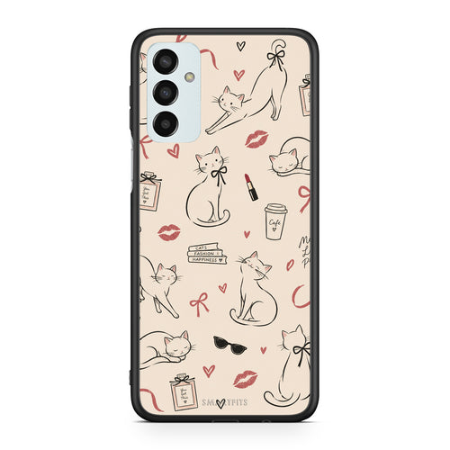 Θήκη Samsung Galaxy M13 Minimal Cat and Fashion Doodles on Cream από τη Smartfits με σχέδιο στο πίσω μέρος και μαύρο περίβλημα | Samsung Galaxy M13 Minimal Cat and Fashion Doodles on Cream case with colorful back and black bezels