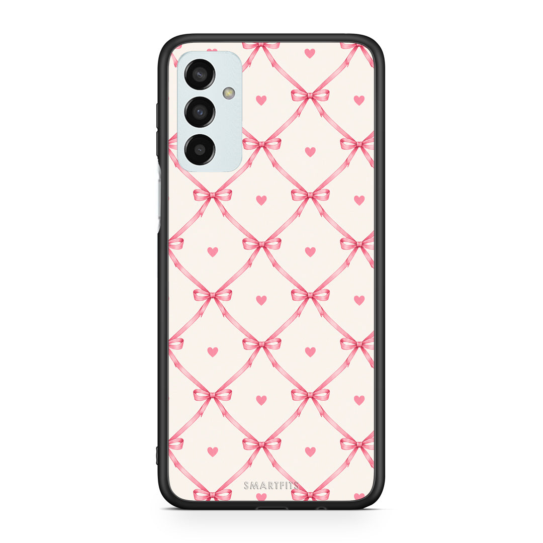 Θήκη Samsung Galaxy M13 Pink Bow Lattice and Hearts on Cream από τη Smartfits με σχέδιο στο πίσω μέρος και μαύρο περίβλημα | Samsung Galaxy M13 Pink Bow Lattice and Hearts on Cream case with colorful back and black bezels