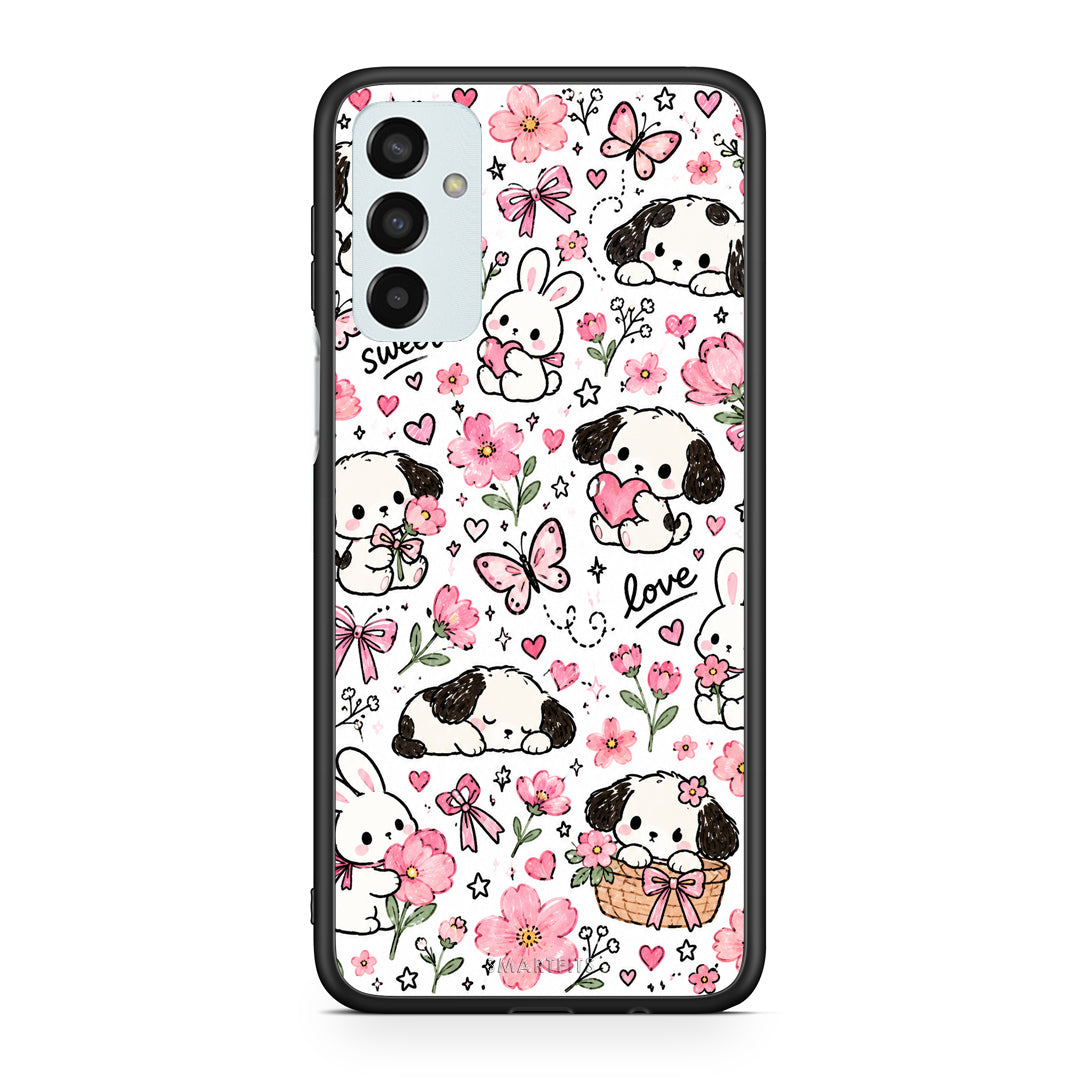 Θήκη Samsung Galaxy M13 Pink Florals Puppies and Bunnies on White από τη Smartfits με σχέδιο στο πίσω μέρος και μαύρο περίβλημα | Samsung Galaxy M13 Pink Florals Puppies and Bunnies on White case with colorful back and black bezels