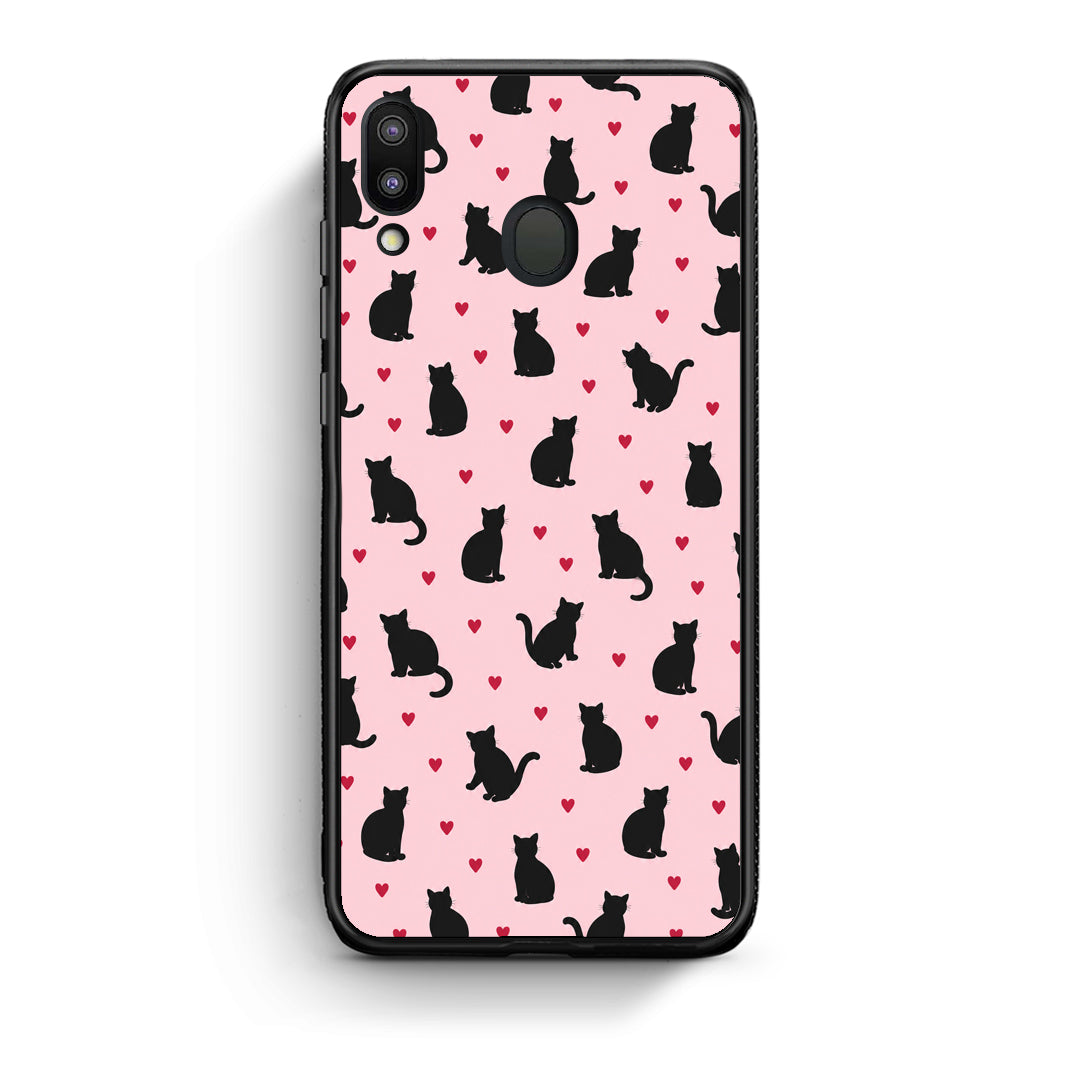 Θήκη Samsung Galaxy M20 Black Cat Silhouettes and Hearts on Pink από τη Smartfits με σχέδιο στο πίσω μέρος και μαύρο περίβλημα | Samsung Galaxy M20 Black Cat Silhouettes and Hearts on Pink case with colorful back and black bezels