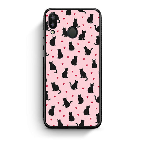 Θήκη Samsung Galaxy M20 Black Cat Silhouettes and Hearts on Pink από τη Smartfits με σχέδιο στο πίσω μέρος και μαύρο περίβλημα | Samsung Galaxy M20 Black Cat Silhouettes and Hearts on Pink case with colorful back and black bezels