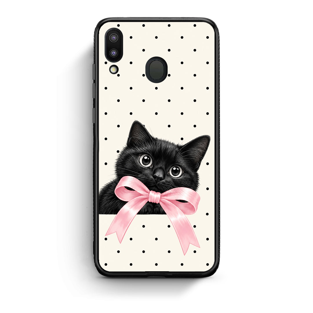 Θήκη Samsung Galaxy M20 Black Kitten Pink Bow and Polka Dots από τη Smartfits με σχέδιο στο πίσω μέρος και μαύρο περίβλημα | Samsung Galaxy M20 Black Kitten Pink Bow and Polka Dots case with colorful back and black bezels
