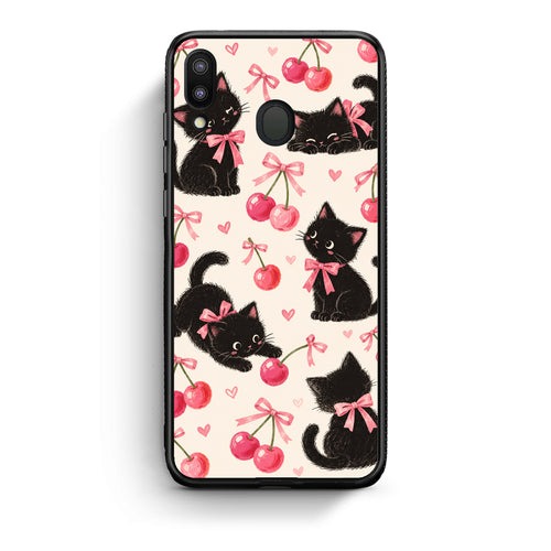 Θήκη Samsung Galaxy M20 Black Kittens and Cherries on Cream από τη Smartfits με σχέδιο στο πίσω μέρος και μαύρο περίβλημα | Samsung Galaxy M20 Black Kittens and Cherries on Cream case with colorful back and black bezels