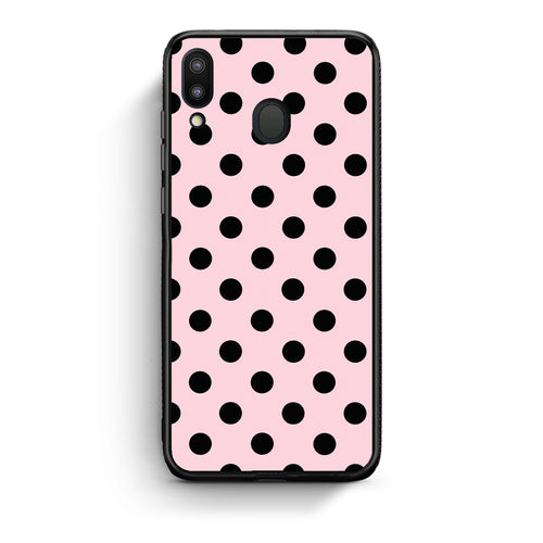 Θήκη Samsung Galaxy M20 Black Polka Dots on Pink από τη Smartfits με σχέδιο στο πίσω μέρος και μαύρο περίβλημα | Samsung Galaxy M20 Black Polka Dots on Pink case with colorful back and black bezels