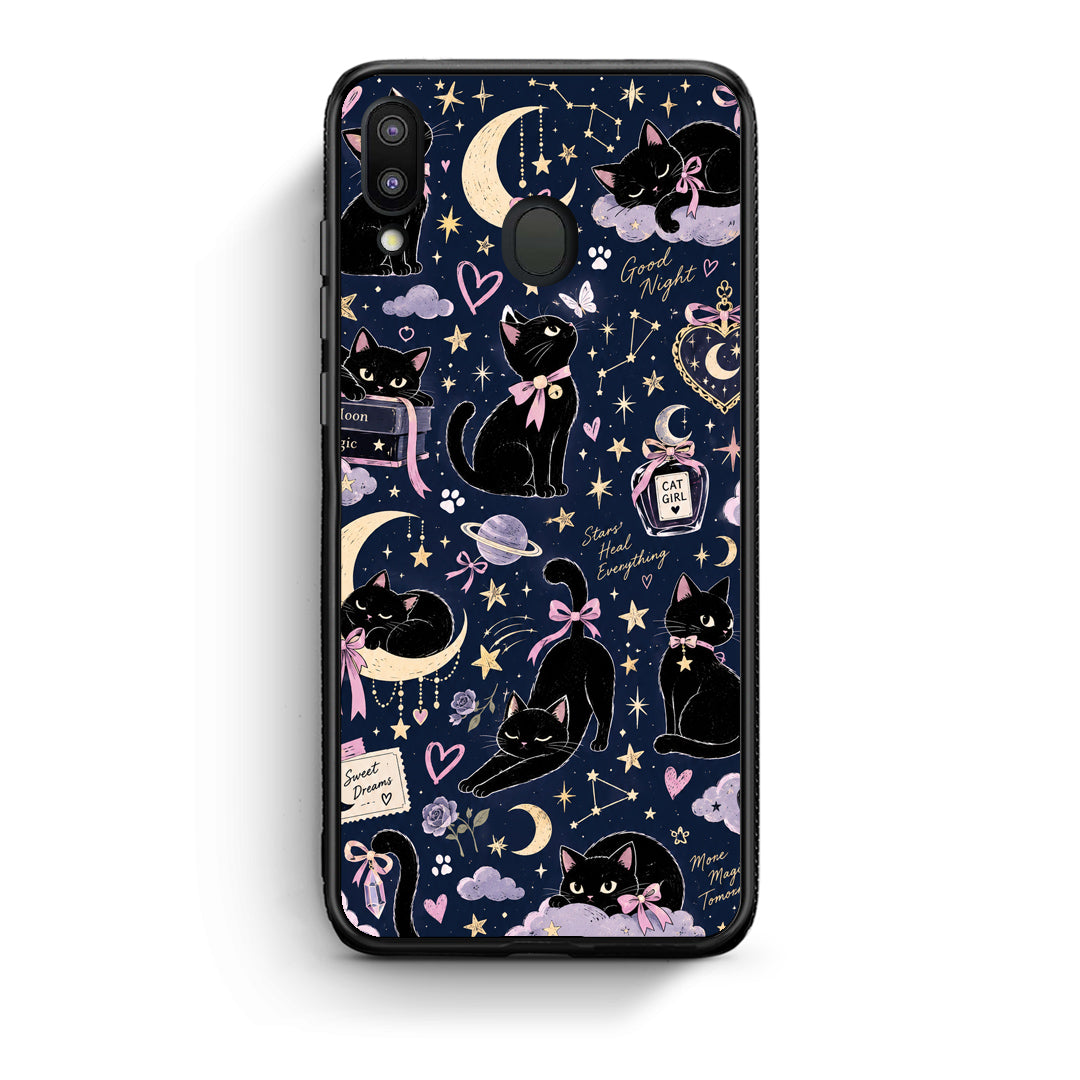 Θήκη Samsung Galaxy M20 Celestial Black Cats on Navy από τη Smartfits με σχέδιο στο πίσω μέρος και μαύρο περίβλημα | Samsung Galaxy M20 Celestial Black Cats on Navy case with colorful back and black bezels