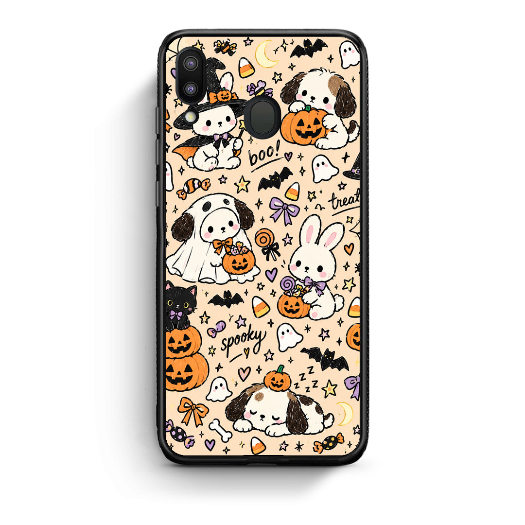 Θήκη Samsung Galaxy M20 Halloween Puppies and Friends on Cream από τη Smartfits με σχέδιο στο πίσω μέρος και μαύρο περίβλημα | Samsung Galaxy M20 Halloween Puppies and Friends on Cream case with colorful back and black bezels