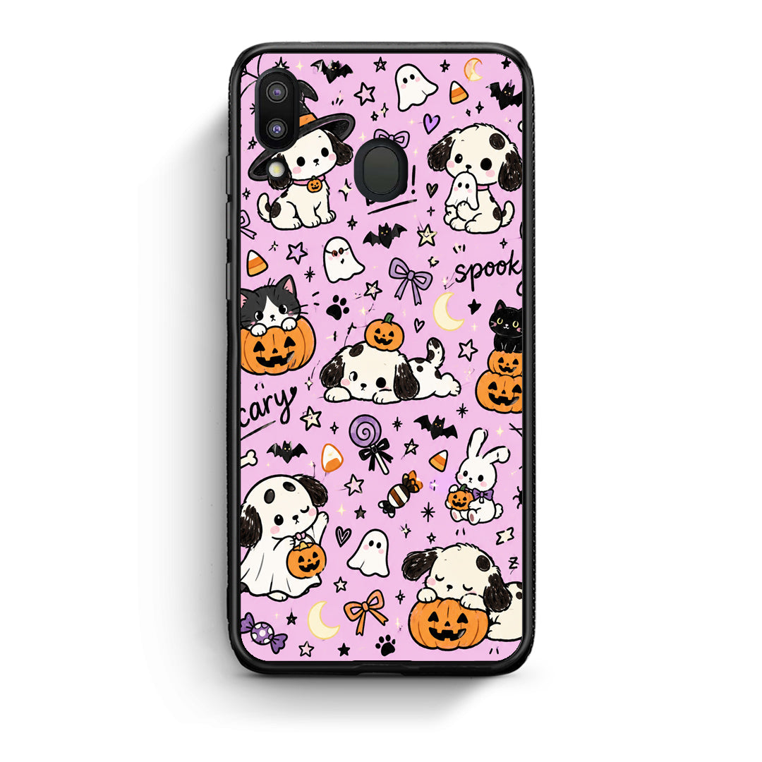 Θήκη Samsung Galaxy M20 Halloween Puppies and Friends on Lilac από τη Smartfits με σχέδιο στο πίσω μέρος και μαύρο περίβλημα | Samsung Galaxy M20 Halloween Puppies and Friends on Lilac case with colorful back and black bezels