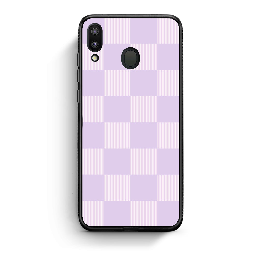 Θήκη Samsung Galaxy M20 Lilac and Cream Striped Checks από τη Smartfits με σχέδιο στο πίσω μέρος και μαύρο περίβλημα | Samsung Galaxy M20 Lilac and Cream Striped Checks case with colorful back and black bezels