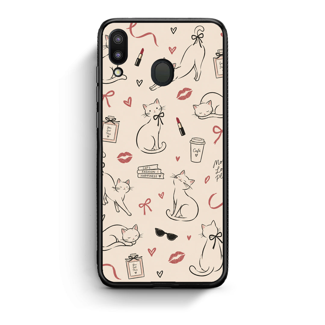 Θήκη Samsung Galaxy M20 Minimal Cat and Fashion Doodles on Cream από τη Smartfits με σχέδιο στο πίσω μέρος και μαύρο περίβλημα | Samsung Galaxy M20 Minimal Cat and Fashion Doodles on Cream case with colorful back and black bezels