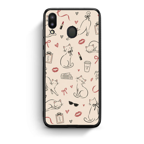 Θήκη Samsung Galaxy M20 Minimal Cat and Fashion Doodles on Cream από τη Smartfits με σχέδιο στο πίσω μέρος και μαύρο περίβλημα | Samsung Galaxy M20 Minimal Cat and Fashion Doodles on Cream case with colorful back and black bezels