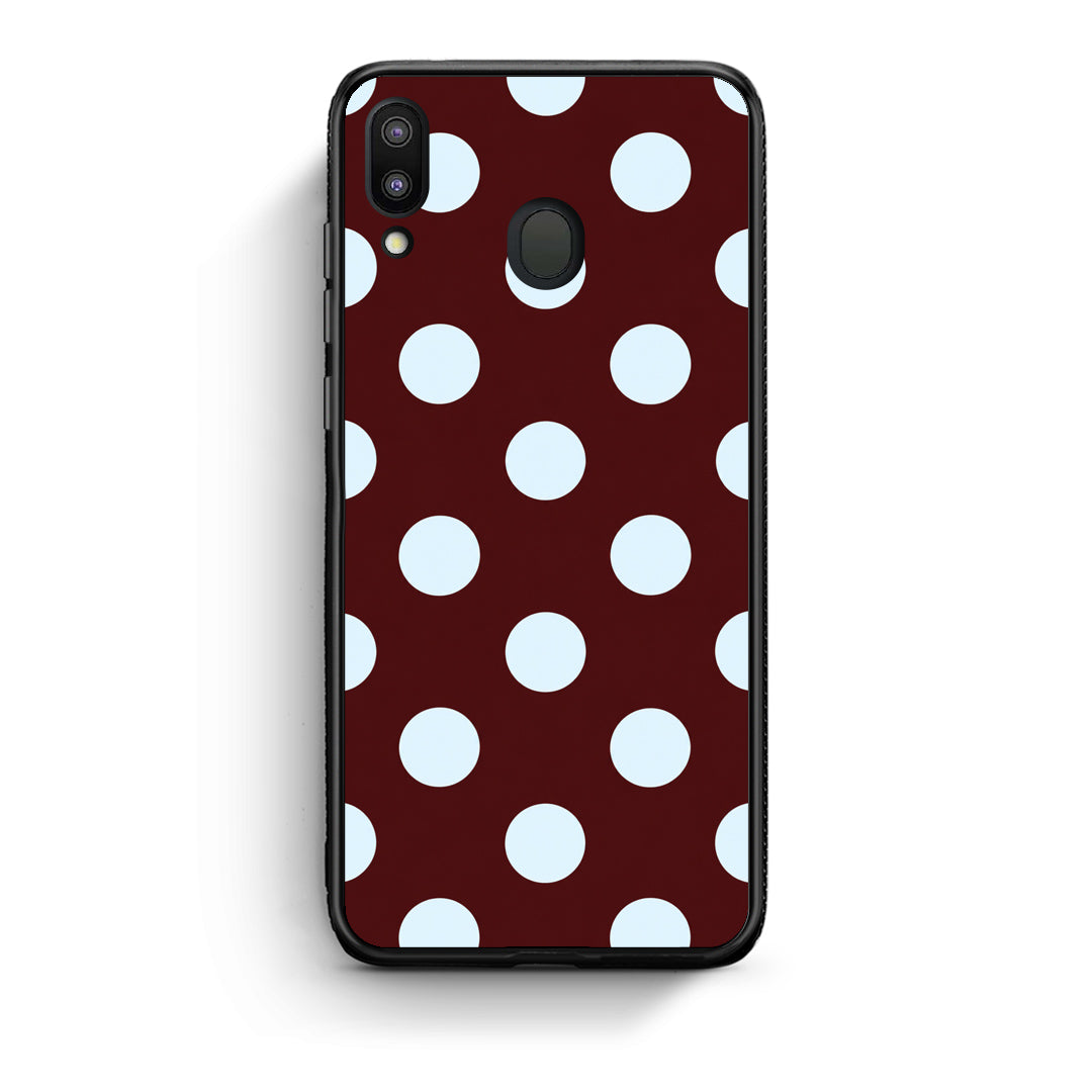 Θήκη Samsung Galaxy M20 Pale Blue Large Polka Dots on Burgundy από τη Smartfits με σχέδιο στο πίσω μέρος και μαύρο περίβλημα | Samsung Galaxy M20 Pale Blue Large Polka Dots on Burgundy case with colorful back and black bezels