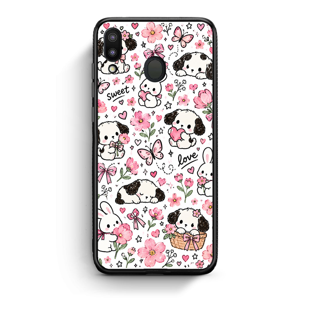 Θήκη Samsung Galaxy M20 Pink Florals Puppies and Bunnies on White από τη Smartfits με σχέδιο στο πίσω μέρος και μαύρο περίβλημα | Samsung Galaxy M20 Pink Florals Puppies and Bunnies on White case with colorful back and black bezels