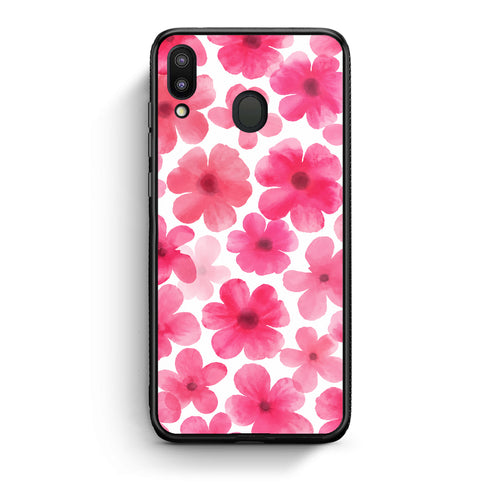 Θήκη Samsung Galaxy M20 Pink Watercolour Flowers on White από τη Smartfits με σχέδιο στο πίσω μέρος και μαύρο περίβλημα | Samsung Galaxy M20 Pink Watercolour Flowers on White case with colorful back and black bezels