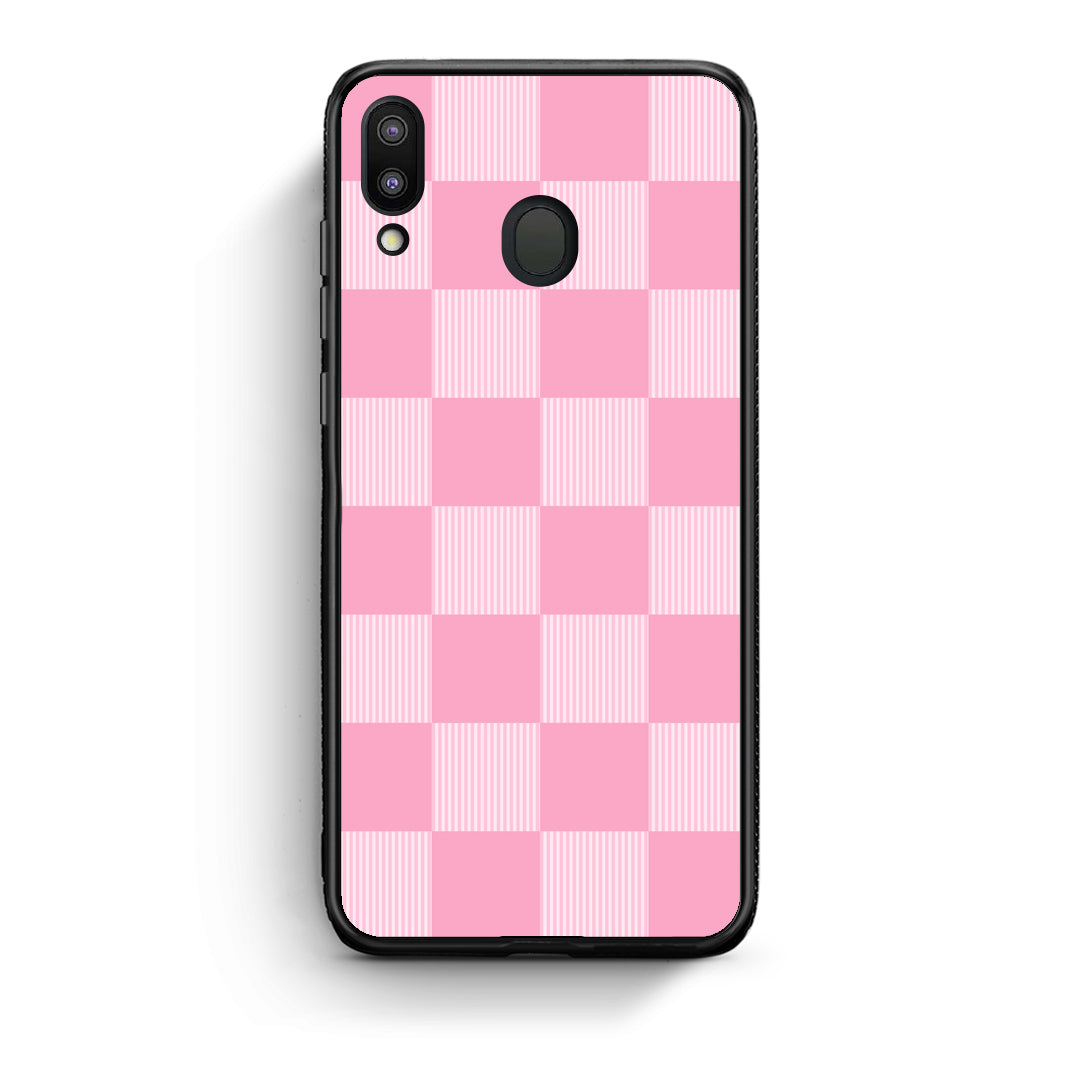 Θήκη Samsung Galaxy M20 Pink and White Striped Checks από τη Smartfits με σχέδιο στο πίσω μέρος και μαύρο περίβλημα | Samsung Galaxy M20 Pink and White Striped Checks case with colorful back and black bezels