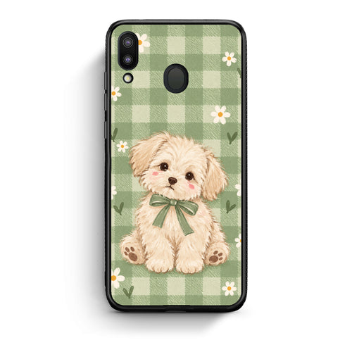 Θήκη Samsung Galaxy M20 Puppy and Daisies on Sage Gingham από τη Smartfits με σχέδιο στο πίσω μέρος και μαύρο περίβλημα | Samsung Galaxy M20 Puppy and Daisies on Sage Gingham case with colorful back and black bezels
