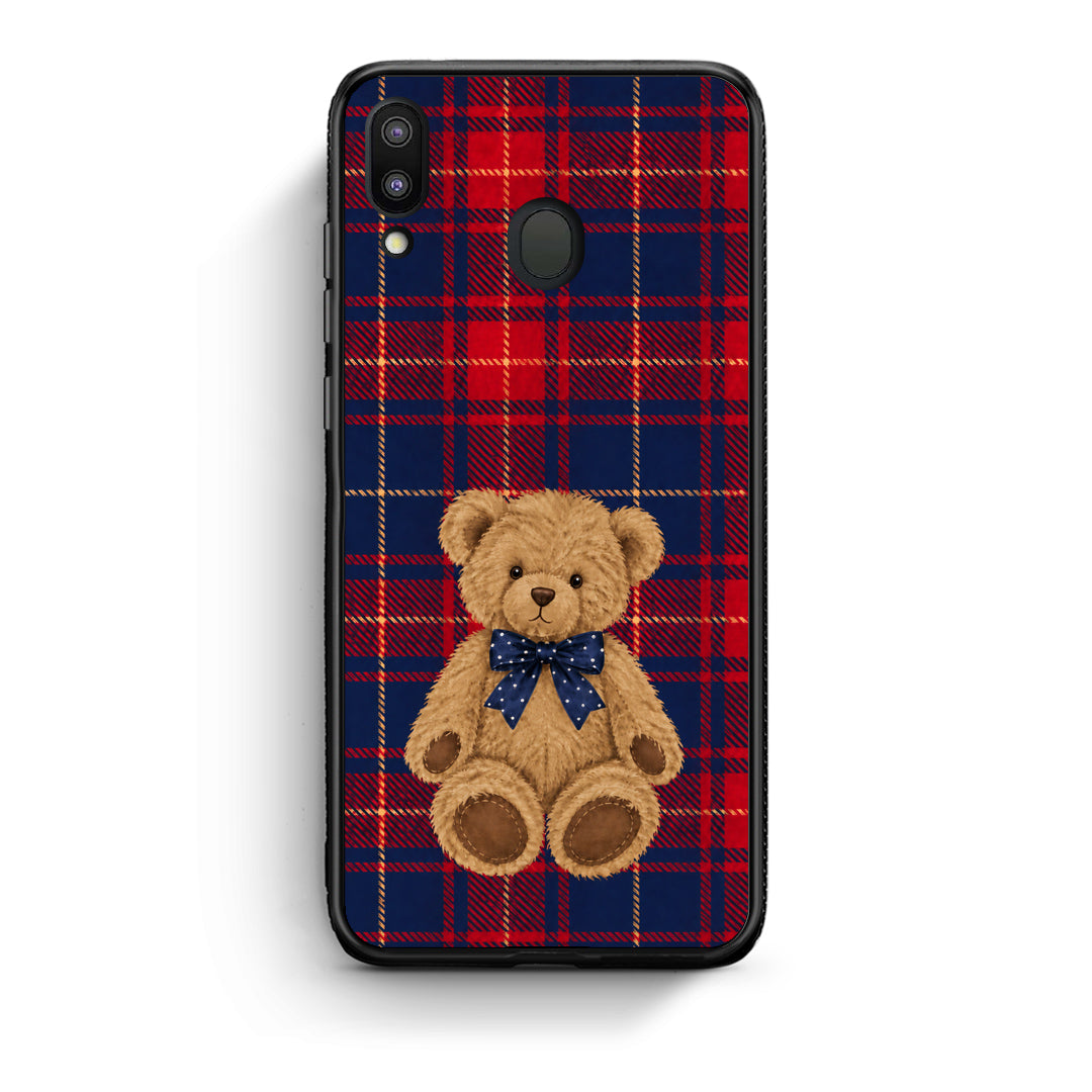 Θήκη Samsung Galaxy M20 Teddy Bear on Red and Navy Tartan από τη Smartfits με σχέδιο στο πίσω μέρος και μαύρο περίβλημα | Samsung Galaxy M20 Teddy Bear on Red and Navy Tartan case with colorful back and black bezels