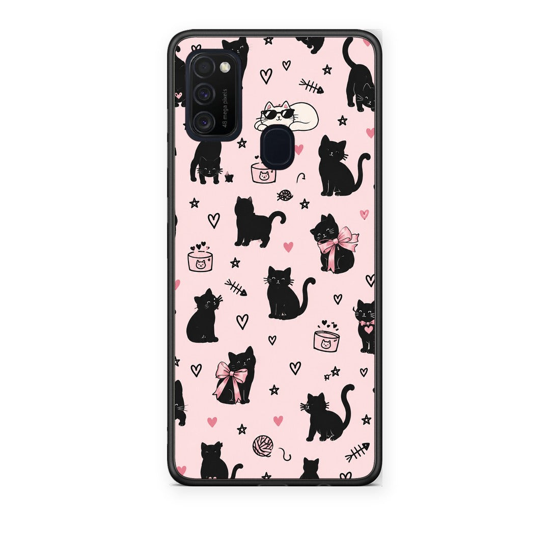 Θήκη Samsung Galaxy M21 / M30s Black Cat Doodles on Pink από τη Smartfits με σχέδιο στο πίσω μέρος και μαύρο περίβλημα | Samsung Galaxy M21 / M30s Black Cat Doodles on Pink case with colorful back and black bezels