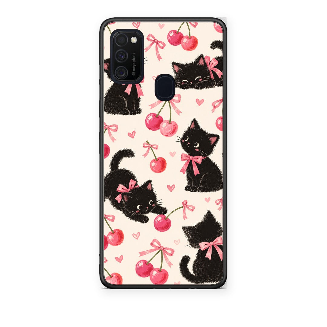 Θήκη Samsung Galaxy M21 / M30s Black Kittens and Cherries on Cream από τη Smartfits με σχέδιο στο πίσω μέρος και μαύρο περίβλημα | Samsung Galaxy M21 / M30s Black Kittens and Cherries on Cream case with colorful back and black bezels