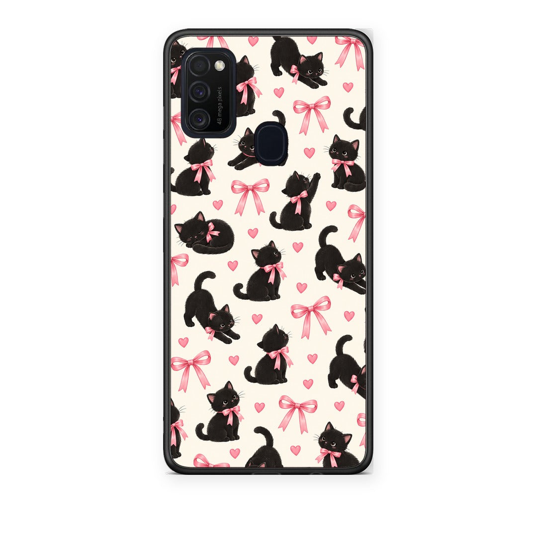 Θήκη Samsung Galaxy M21 / M30s Black Kittens and Pink Bows on Cream Small από τη Smartfits με σχέδιο στο πίσω μέρος και μαύρο περίβλημα | Samsung Galaxy M21 / M30s Black Kittens and Pink Bows on Cream Small case with colorful back and black bezels