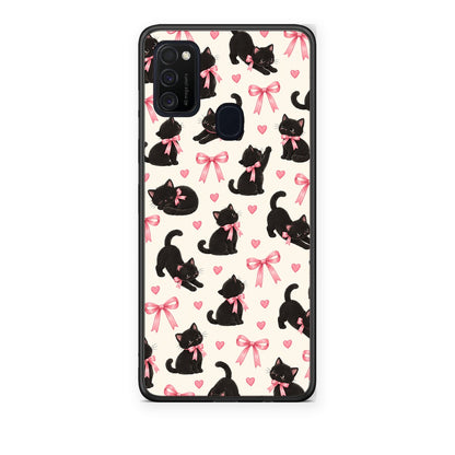 Θήκη Samsung Galaxy M21 / M30s Black Kittens and Pink Bows on Cream Small από τη Smartfits με σχέδιο στο πίσω μέρος και μαύρο περίβλημα | Samsung Galaxy M21 / M30s Black Kittens and Pink Bows on Cream Small case with colorful back and black bezels