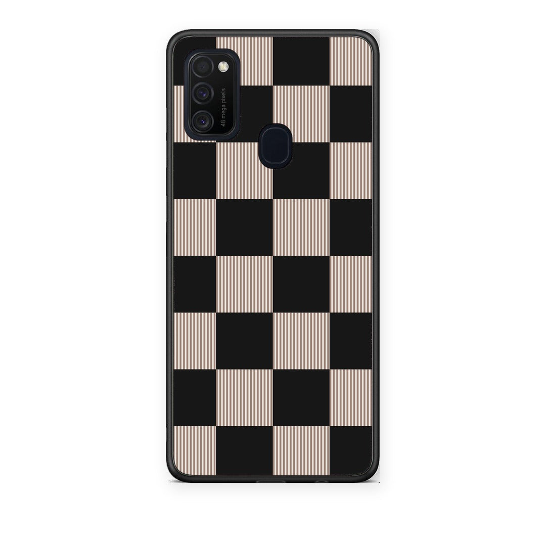 Θήκη Samsung Galaxy M21 / M30s Black and Taupe Striped Checks από τη Smartfits με σχέδιο στο πίσω μέρος και μαύρο περίβλημα | Samsung Galaxy M21 / M30s Black and Taupe Striped Checks case with colorful back and black bezels
