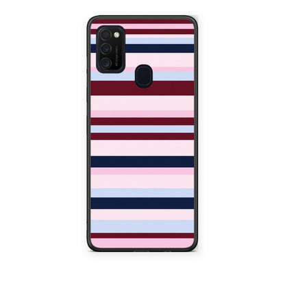 Θήκη Samsung Galaxy M21 / M30s Burgundy Pink and Blue Horizontal Stripes από τη Smartfits με σχέδιο στο πίσω μέρος και μαύρο περίβλημα | Samsung Galaxy M21 / M30s Burgundy Pink and Blue Horizontal Stripes case with colorful back and black bezels